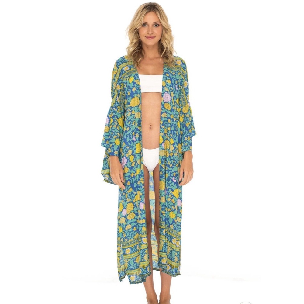 SHU-SHI WOMEN'S SHEER LOOSE KIMONO Tosca Yellow Cover Up Duster Boho Botanical